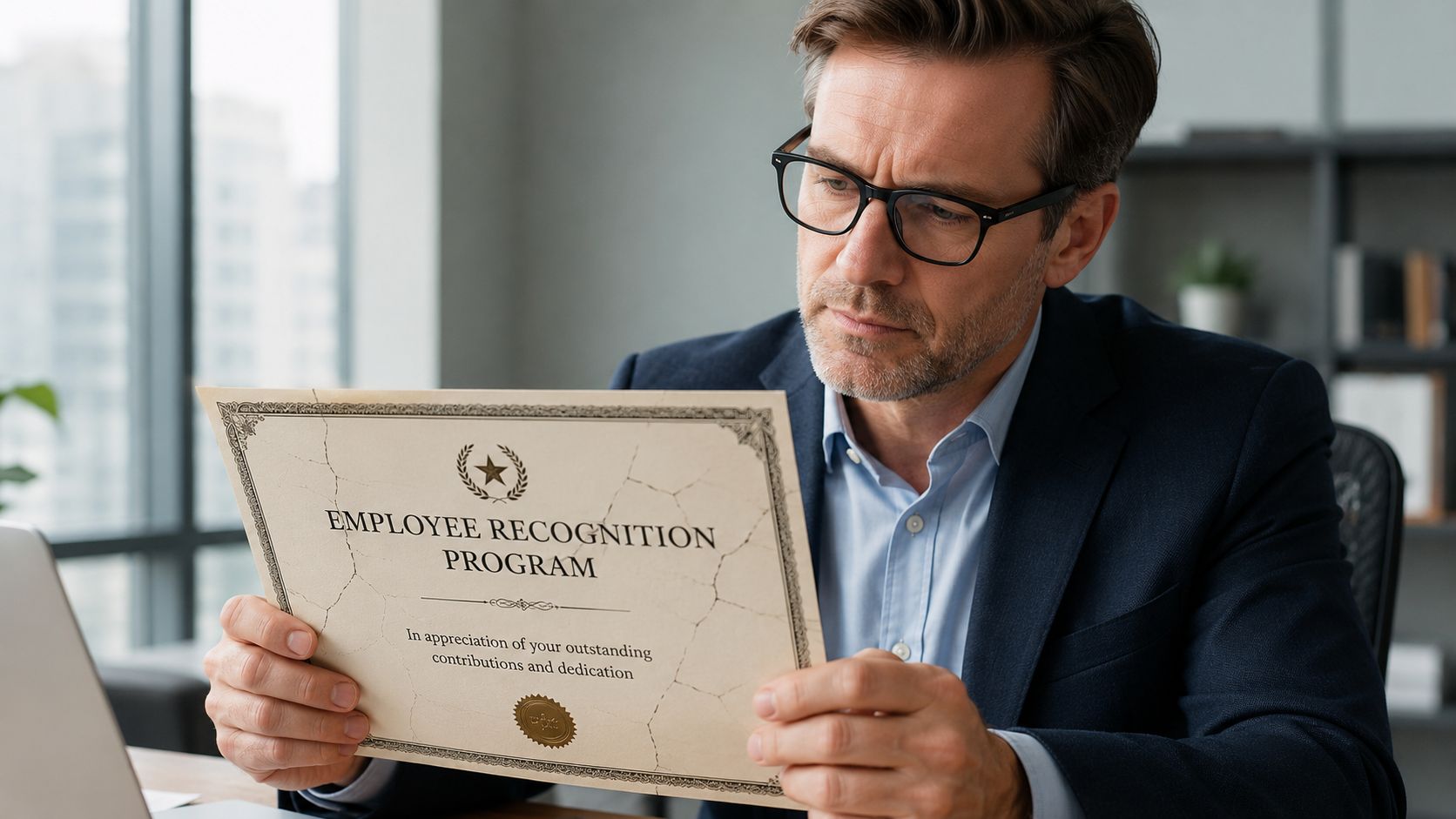 A professional man with glasses sitting at a desk and reviewing an employee recognition certificate award.
