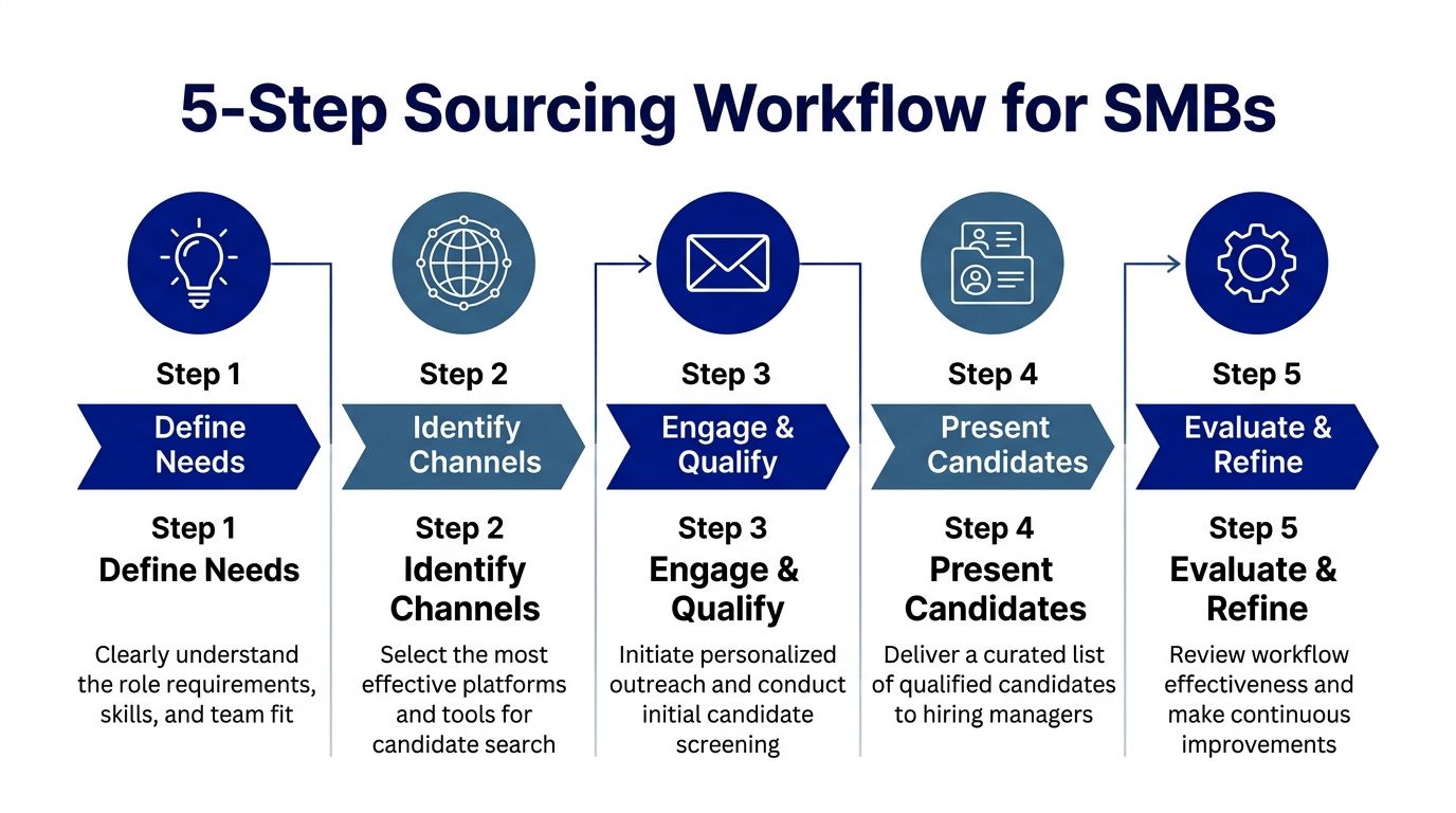 A diagram illustrating a 5-step recruitment sourcing workflow designed for small and medium-sized businesses.