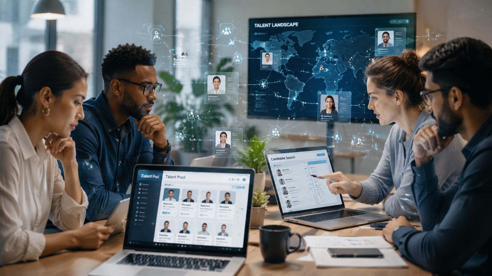 A diverse professional team collaborating in a modern office using digital talent acquisition tools and analytics.