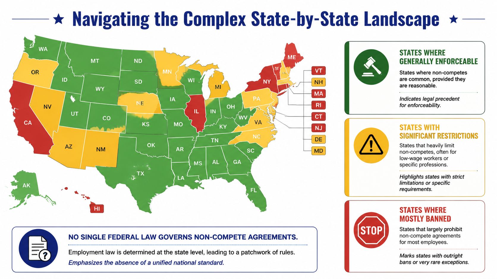 A map of the United States color-coded by state laws regarding the enforceability of non-compete agreements.