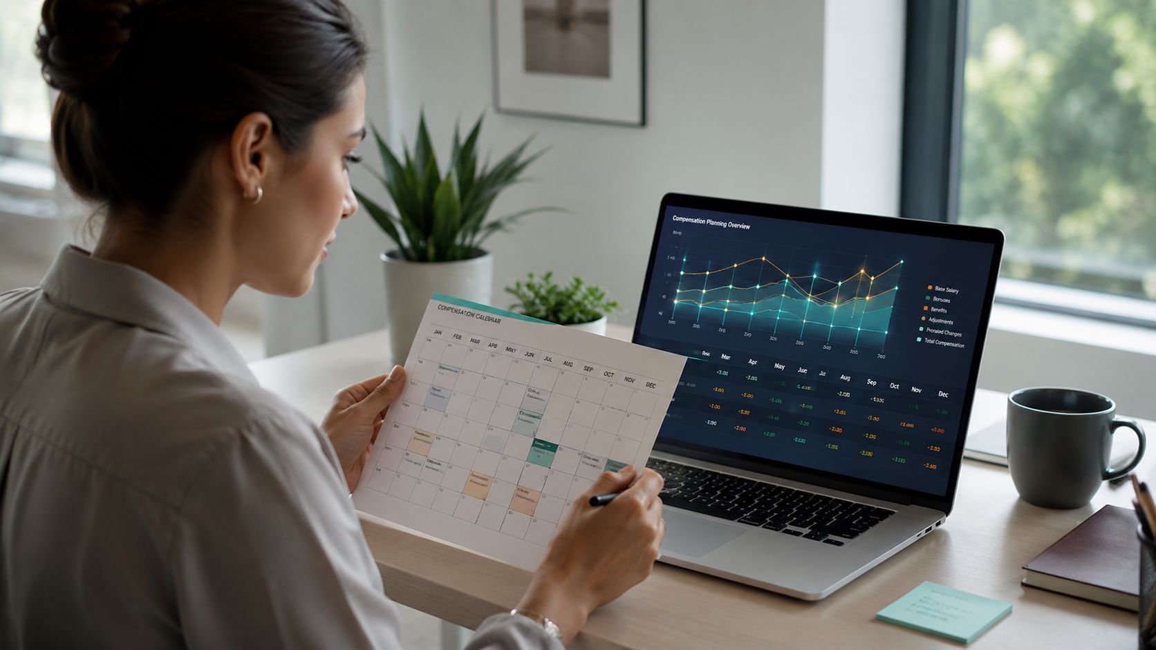 A professional woman working at a desk with a laptop displaying financial charts and a paper compensation calendar.
