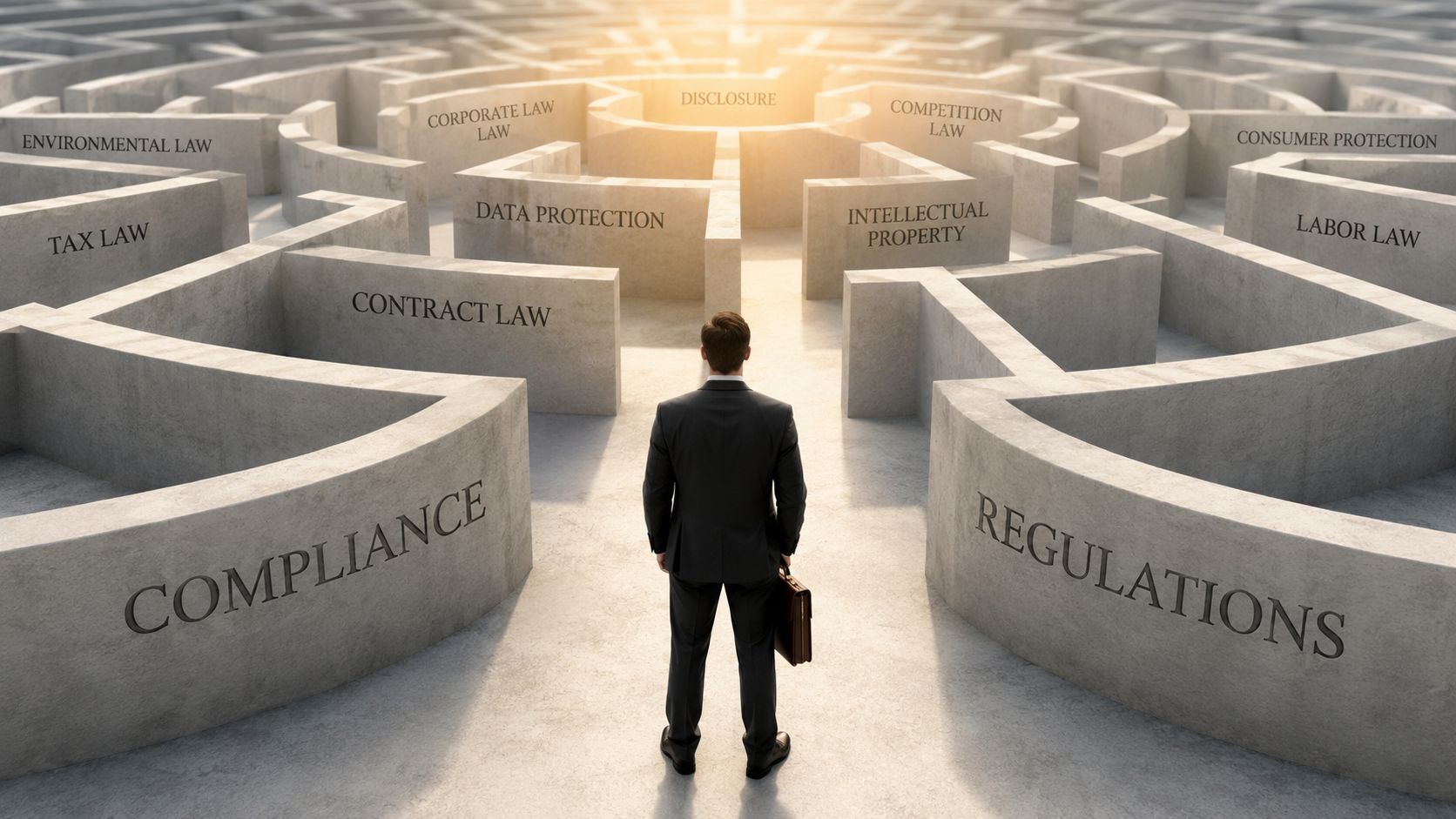 A businessman standing at the entrance of a complex maze representing legal compliance and various corporate regulations.