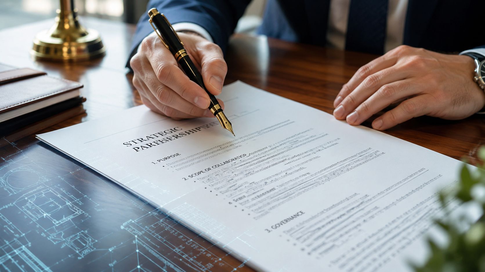 A professional in a business suit reviewing and preparing to sign a strategic partnership legal agreement document.
