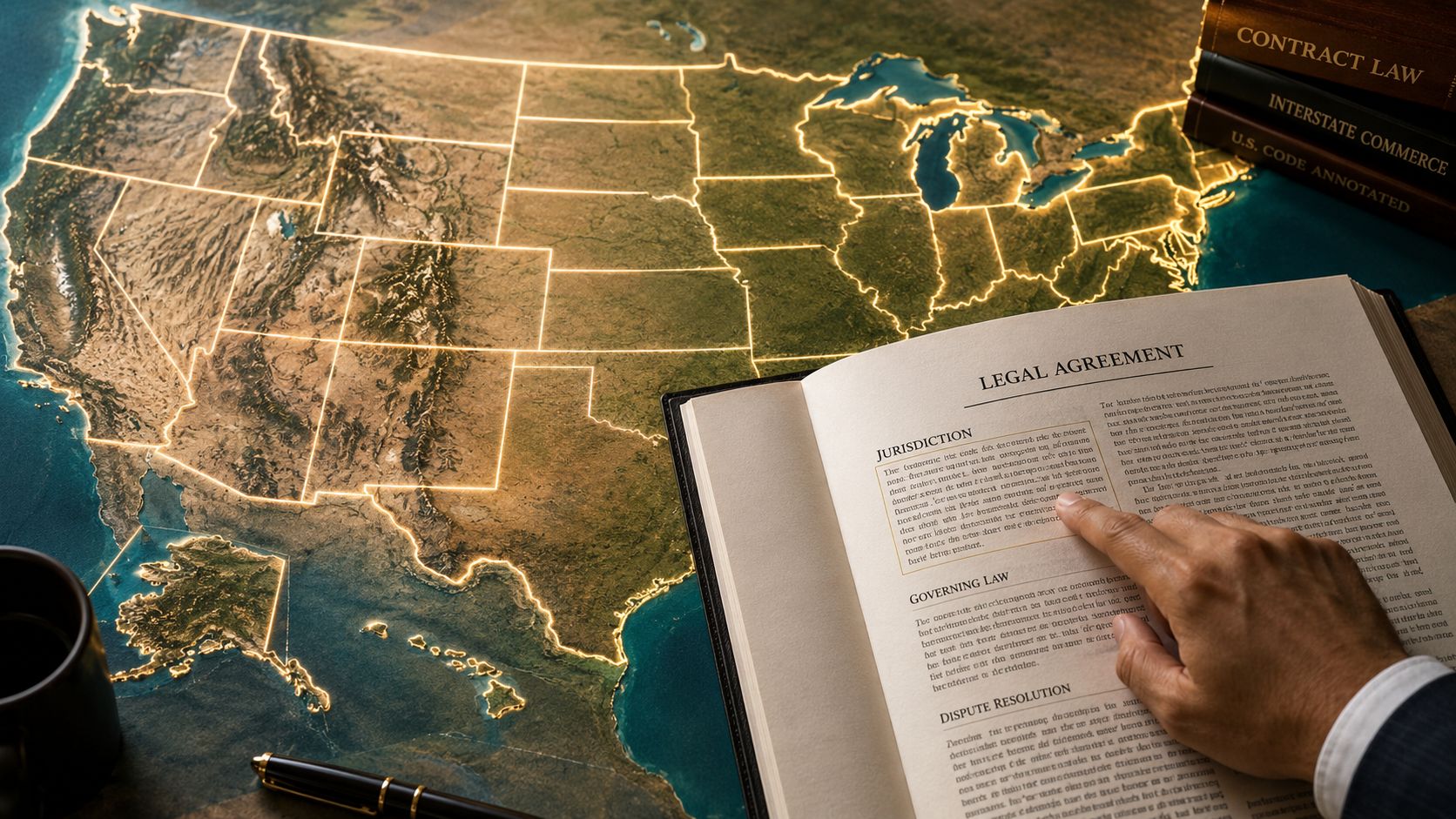 A businessman pointing at a legal agreement book placed on a map of the United States.