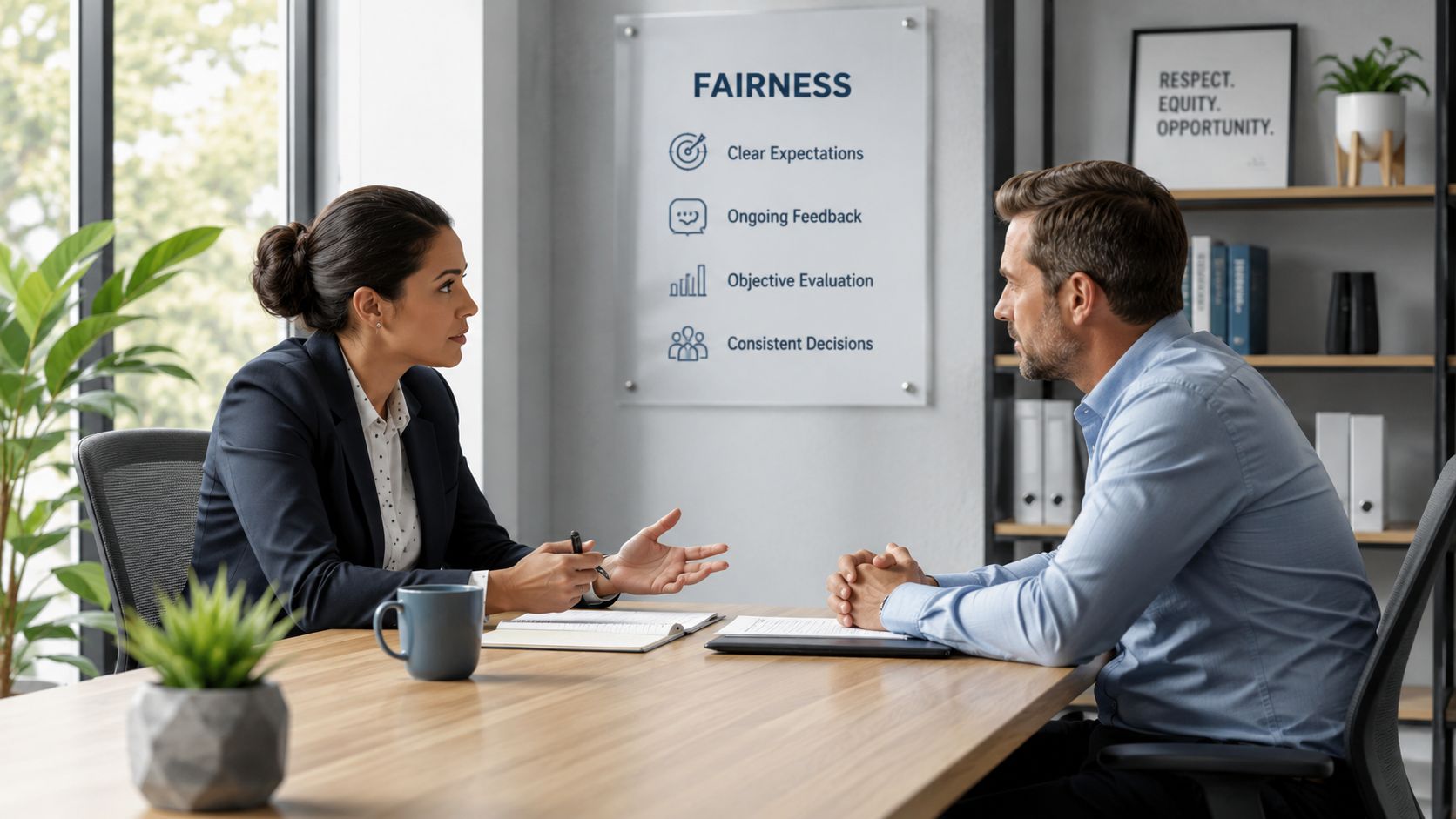A professional woman and man having a serious business meeting in a bright office environment.