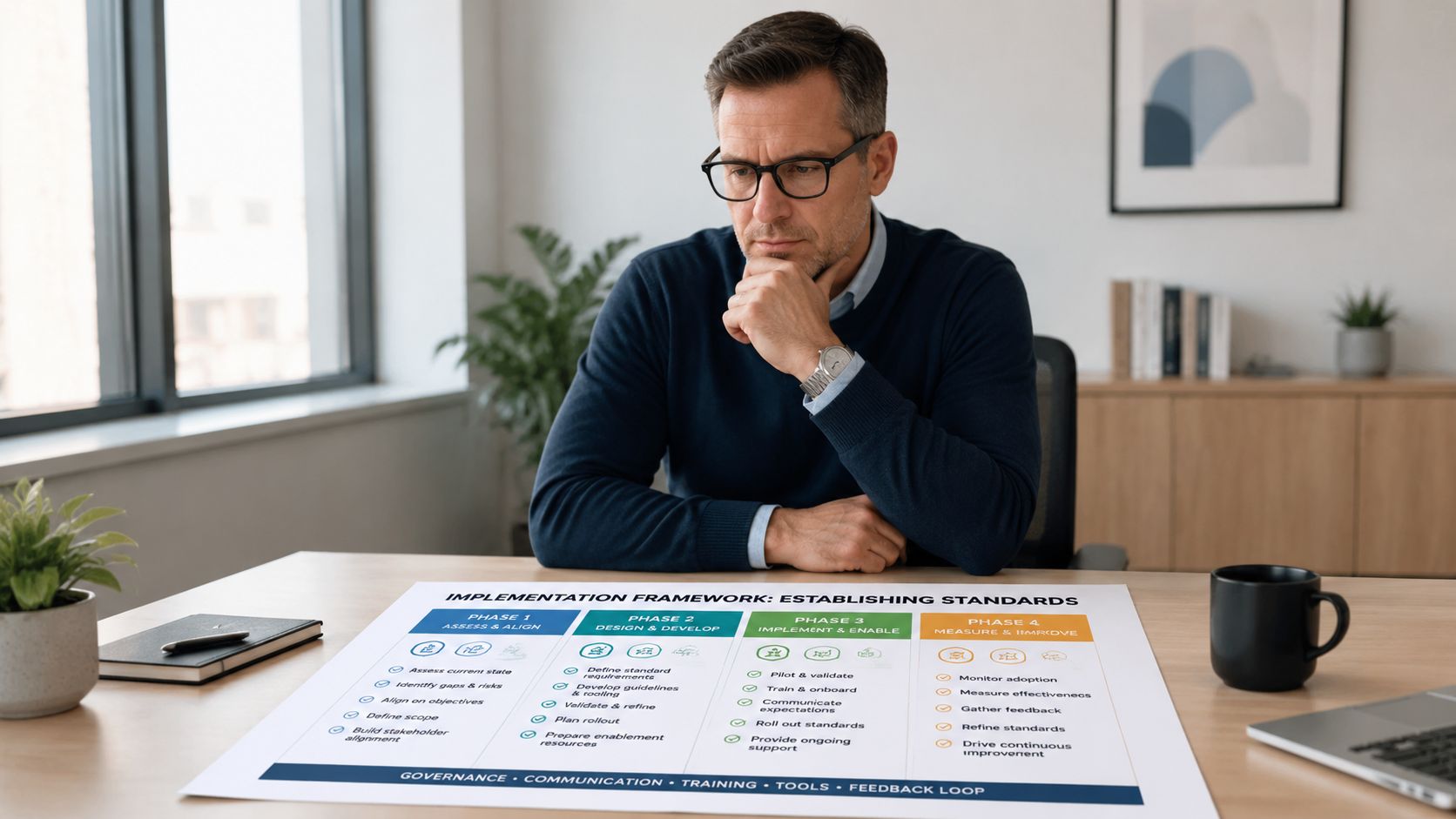 A professional man studying an implementation framework document showing business phases for establishing organizational standards.