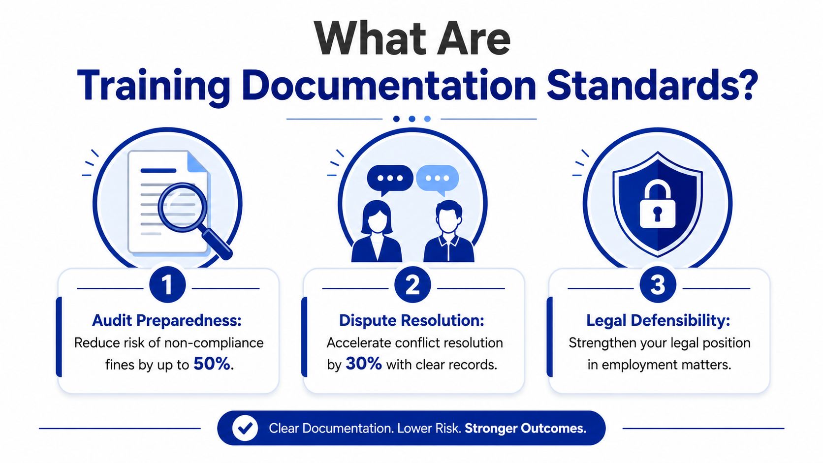 An infographic titled What Are Training Documentation Standards showcasing three benefits of documentation for organizational risk management.