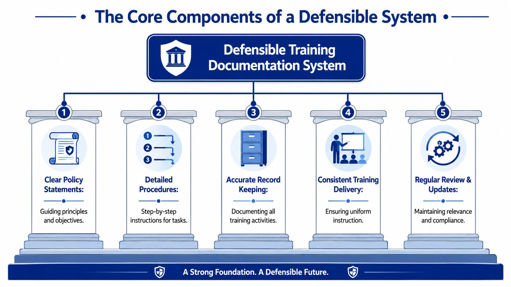 An infographic showing five key components for building a defensible training documentation system for organizational compliance.
