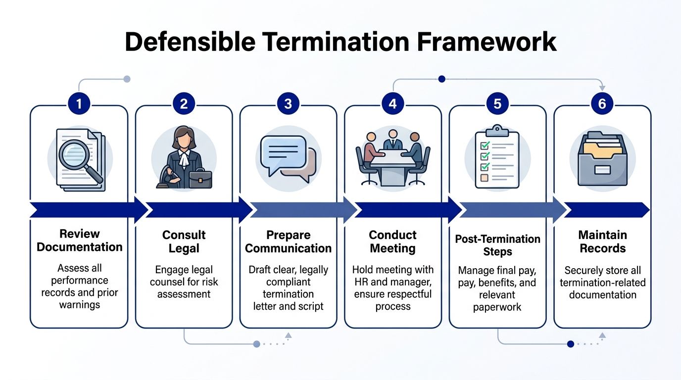 A flowchart titled Defensible Termination Framework illustrating six professional steps for conducting a legal employee termination process.