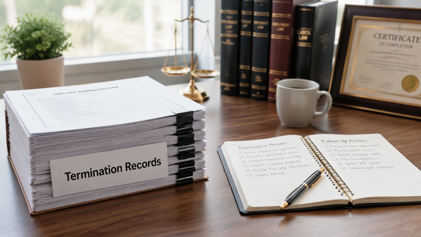 A stack of employment termination forms and a checklist on a desk with law books and scales.