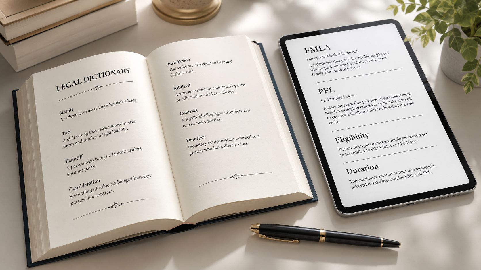 A legal dictionary and a digital tablet displaying FMLA and PFL information sit on a desk.
