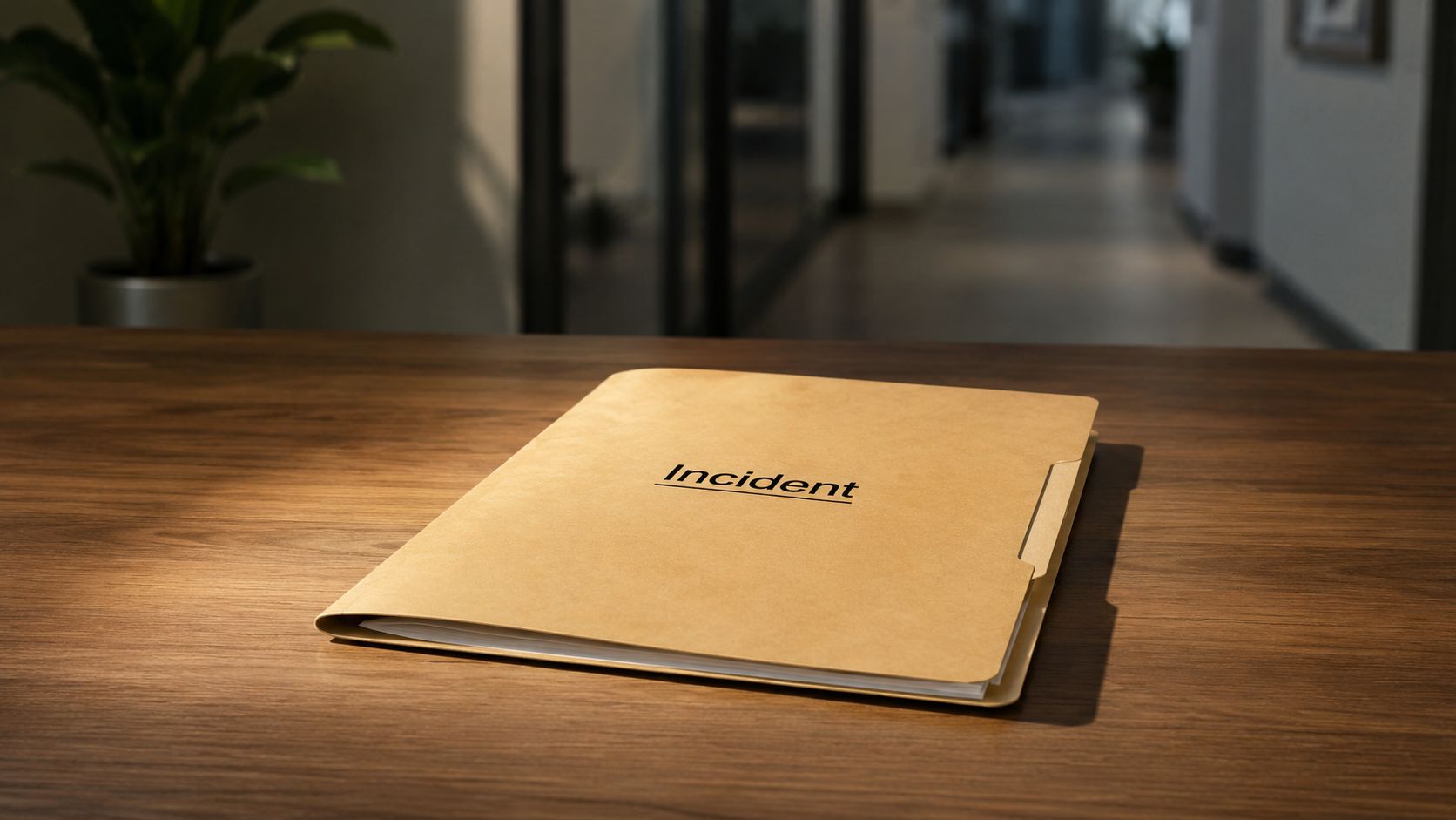 A tan manila folder labeled Incident rests on a polished wooden desk in an office environment.