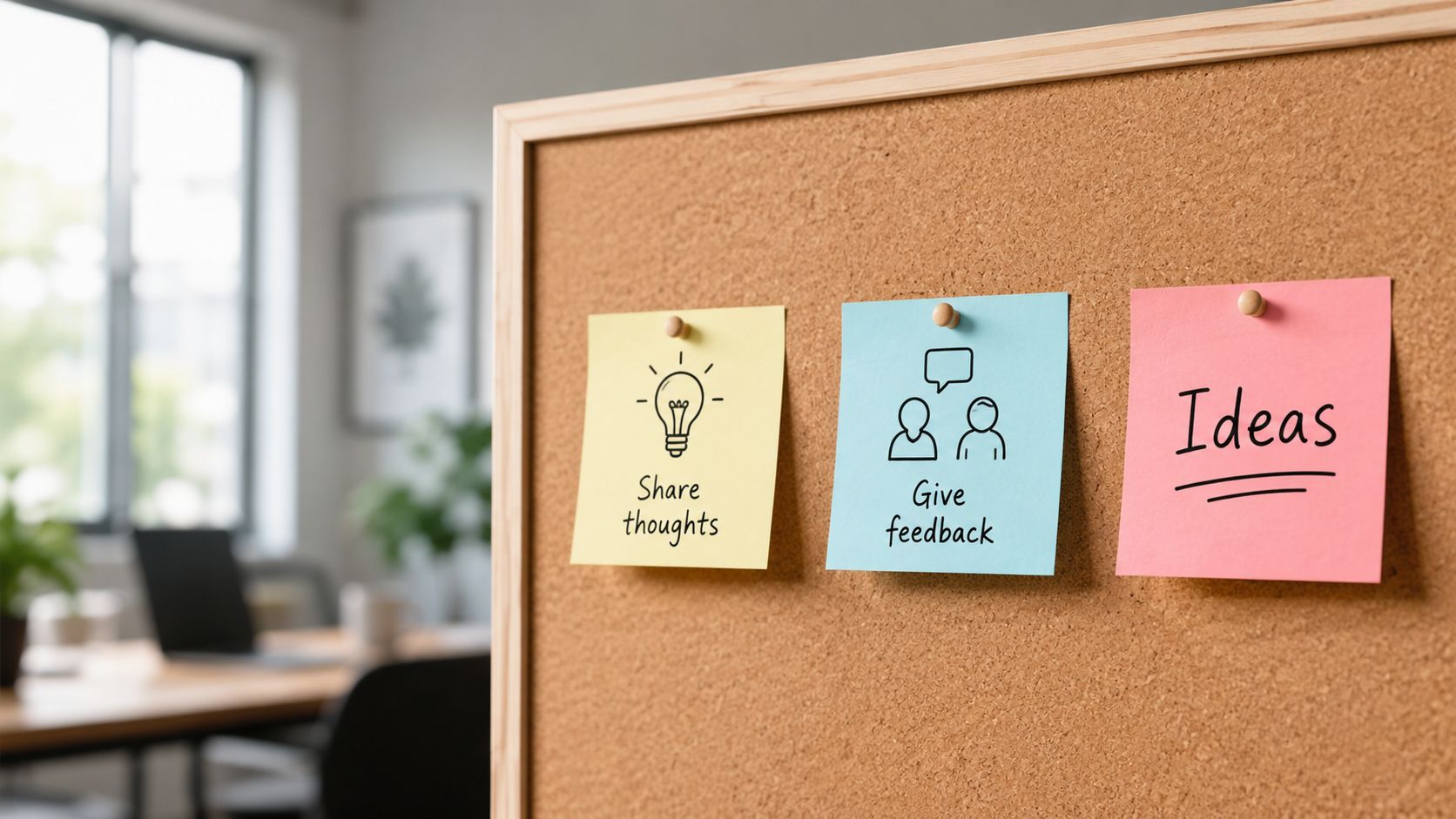 A cork board with three sticky notes displaying prompts for sharing thoughts, giving feedback, and generating new ideas.