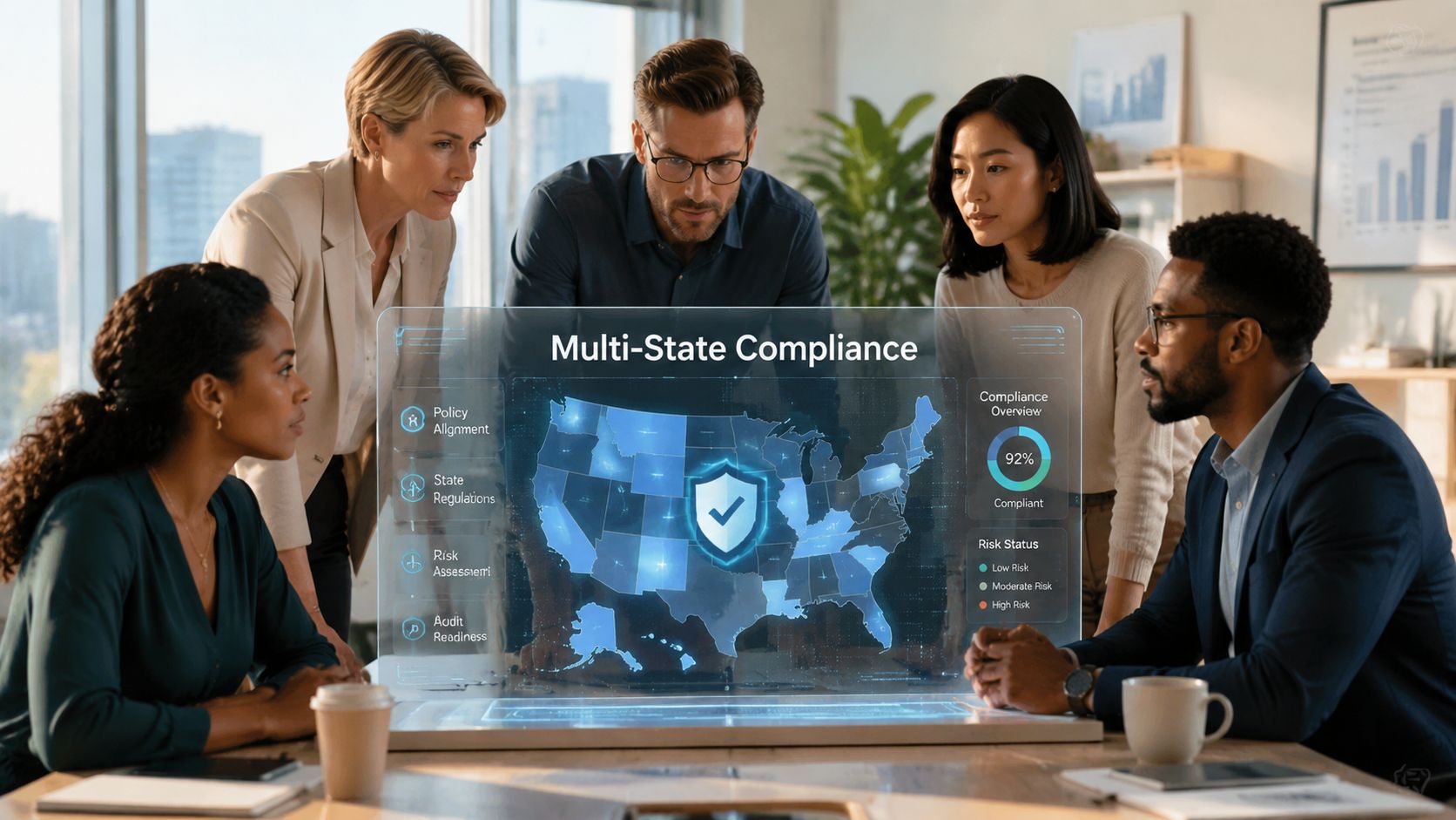 A professional team collaborating around a digital holographic display showing multi-state compliance and data analytics.