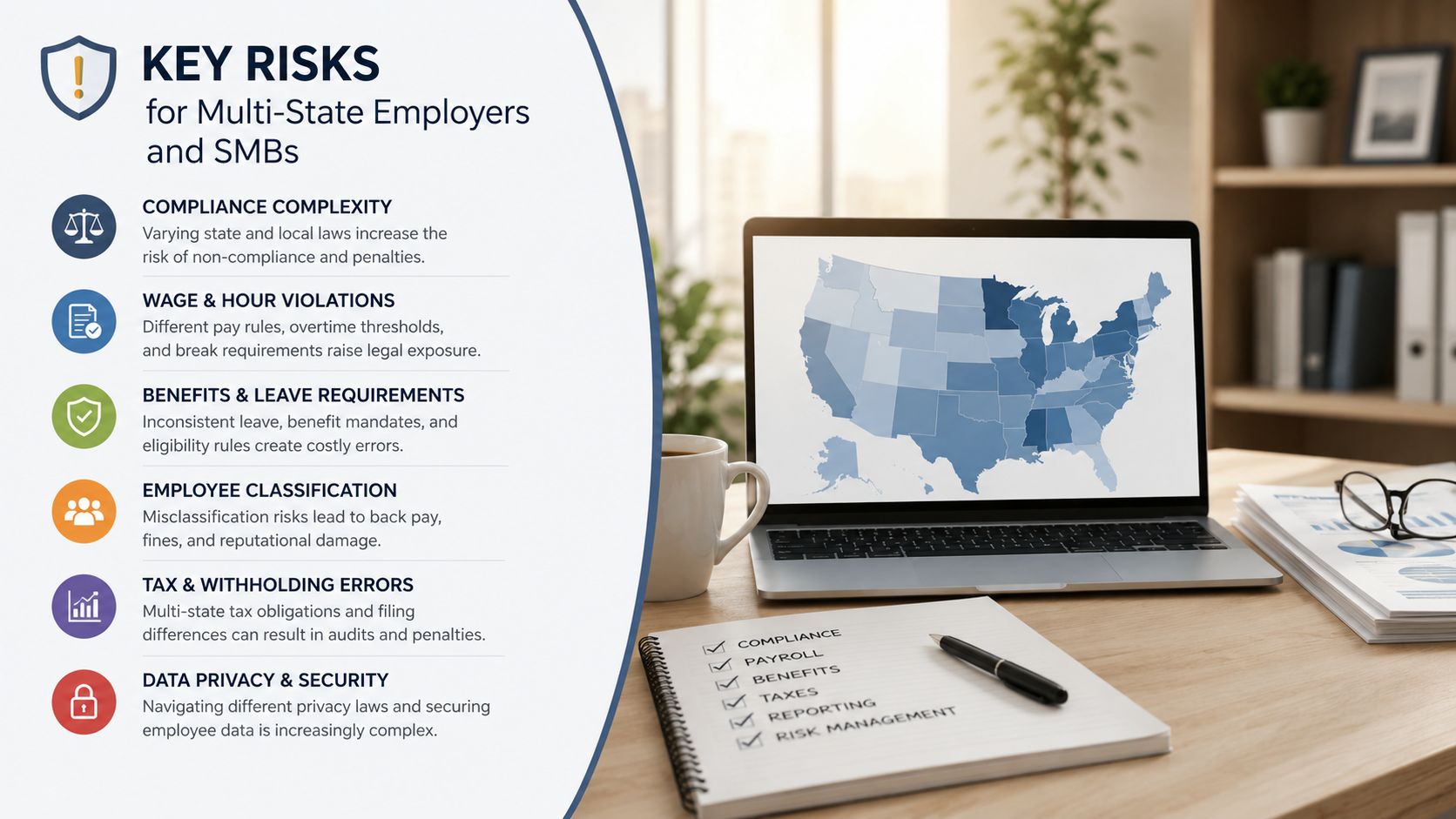 A laptop screen displaying a US map alongside a checklist of business compliance and HR risks.