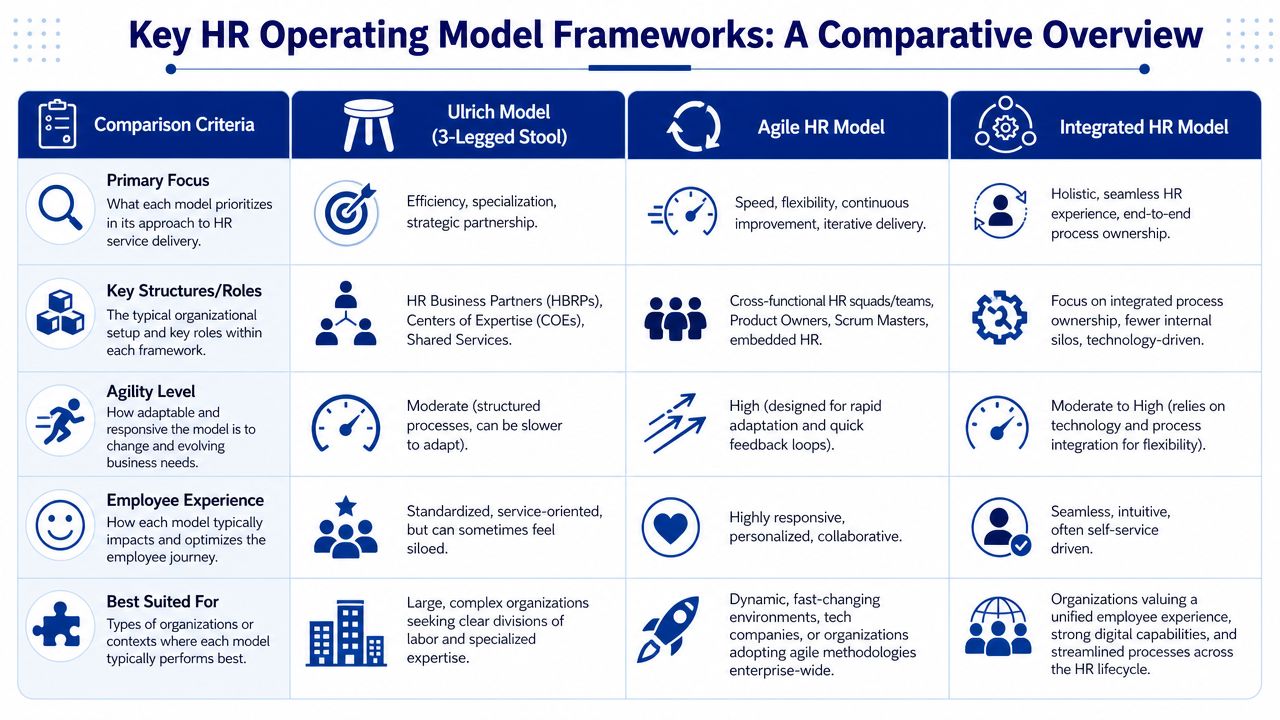 A comparative overview table of key HR operating model frameworks including Ulrich, Agile, and Integrated HR models.