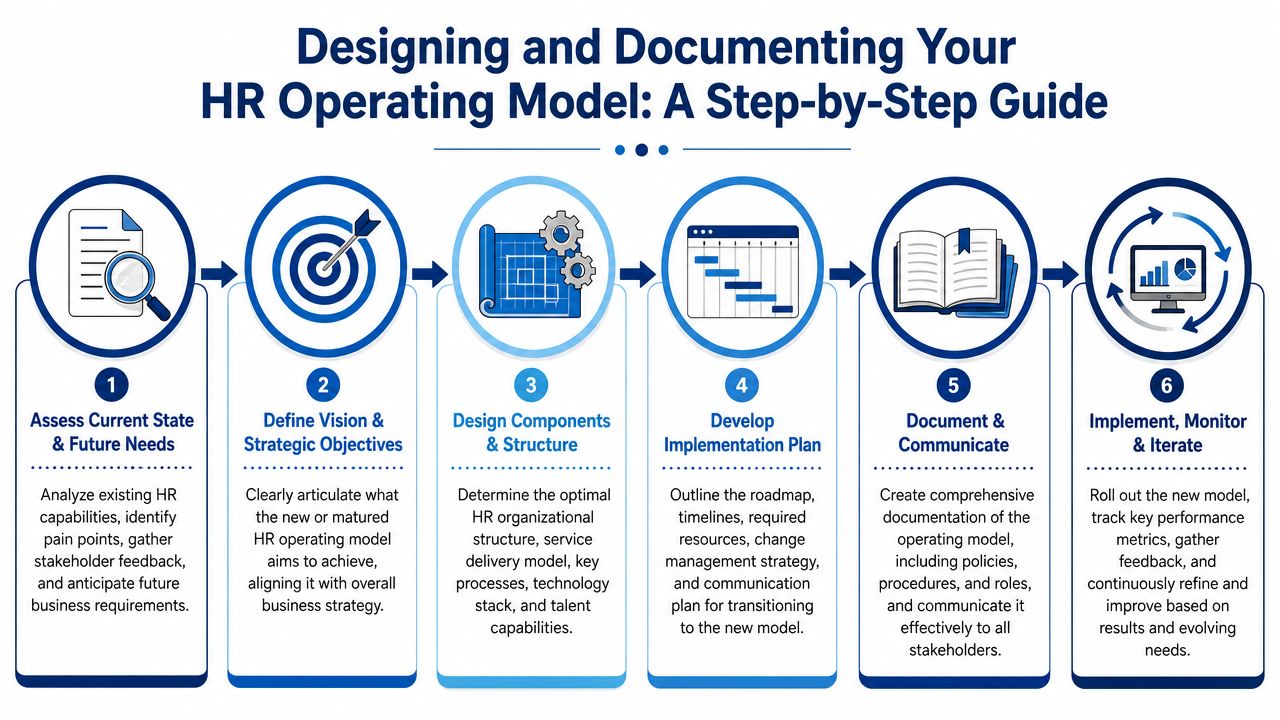 A step-by-step infographic illustrating the six-stage process for designing and documenting an HR operating model.