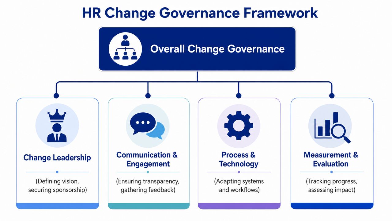 A diagram illustrating the HR change governance framework with four core pillars of change management.