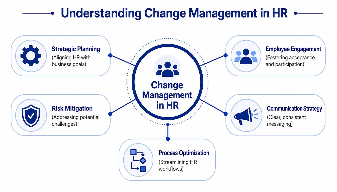 A diagram illustrating the five core components of change management in HR, including strategic planning and communication.