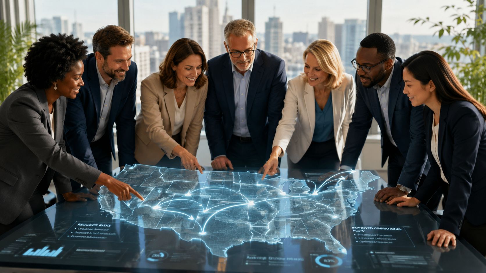 A diverse business team collaborating around a digital interactive table displaying a map of the United States.