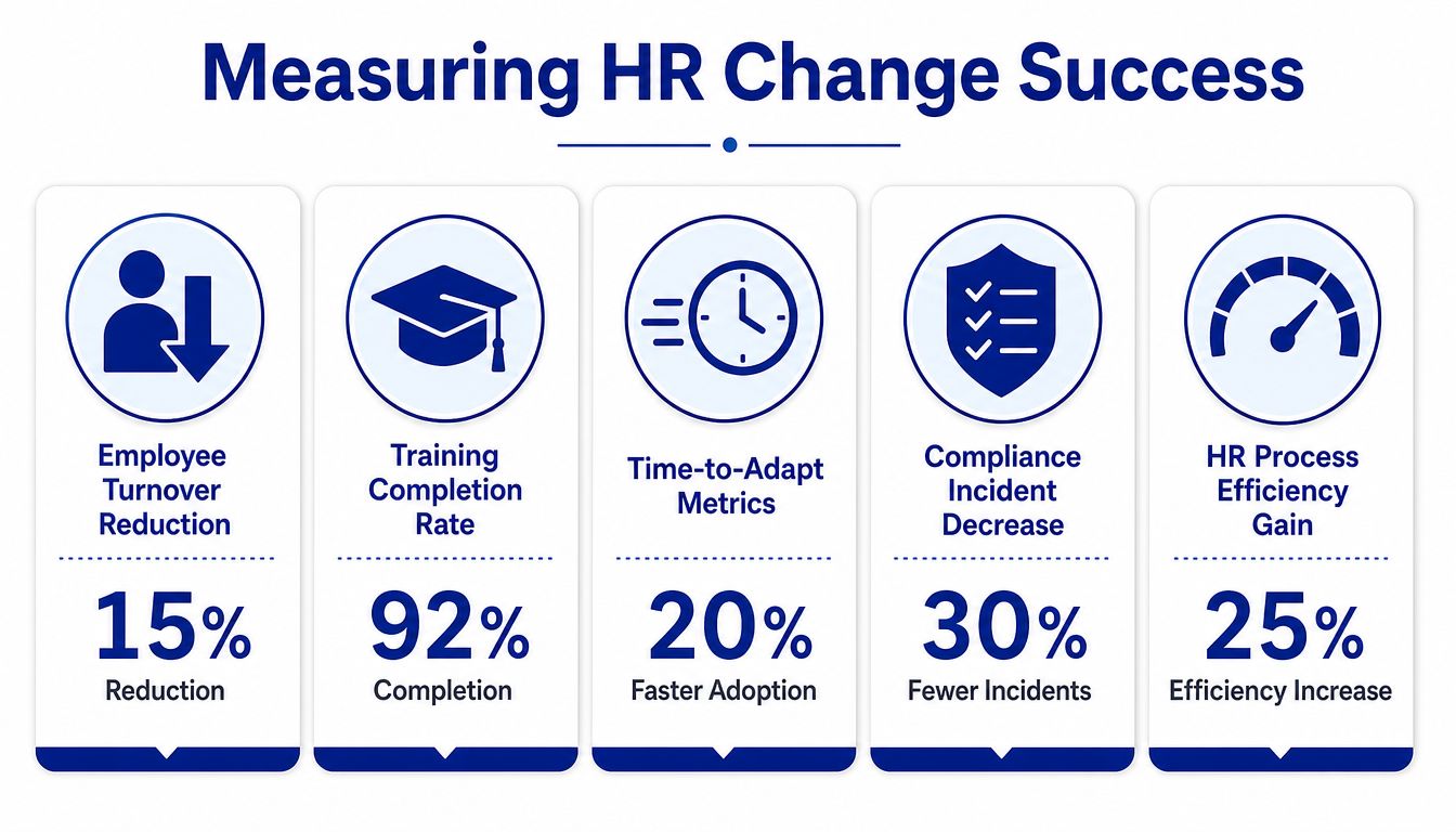 An infographic titled Measuring HR Change Success displaying five metrics with percentage improvements in employee turnover, training, and efficiency.