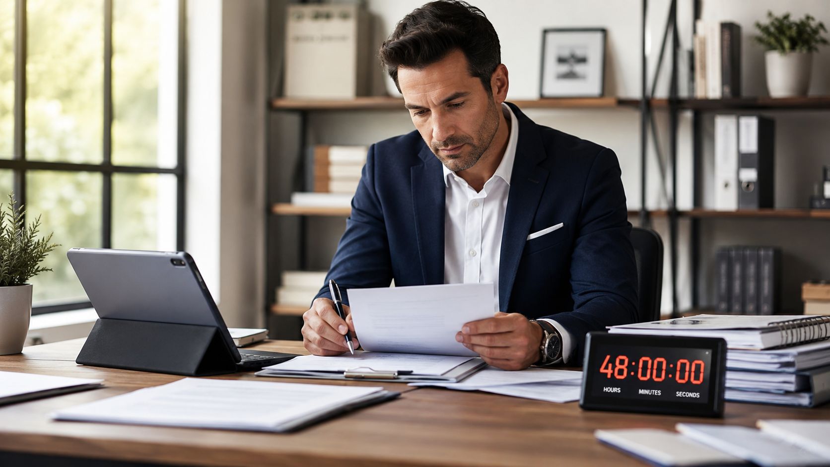 A professional man in a business suit reviewing documents at his desk with a timer nearby.
