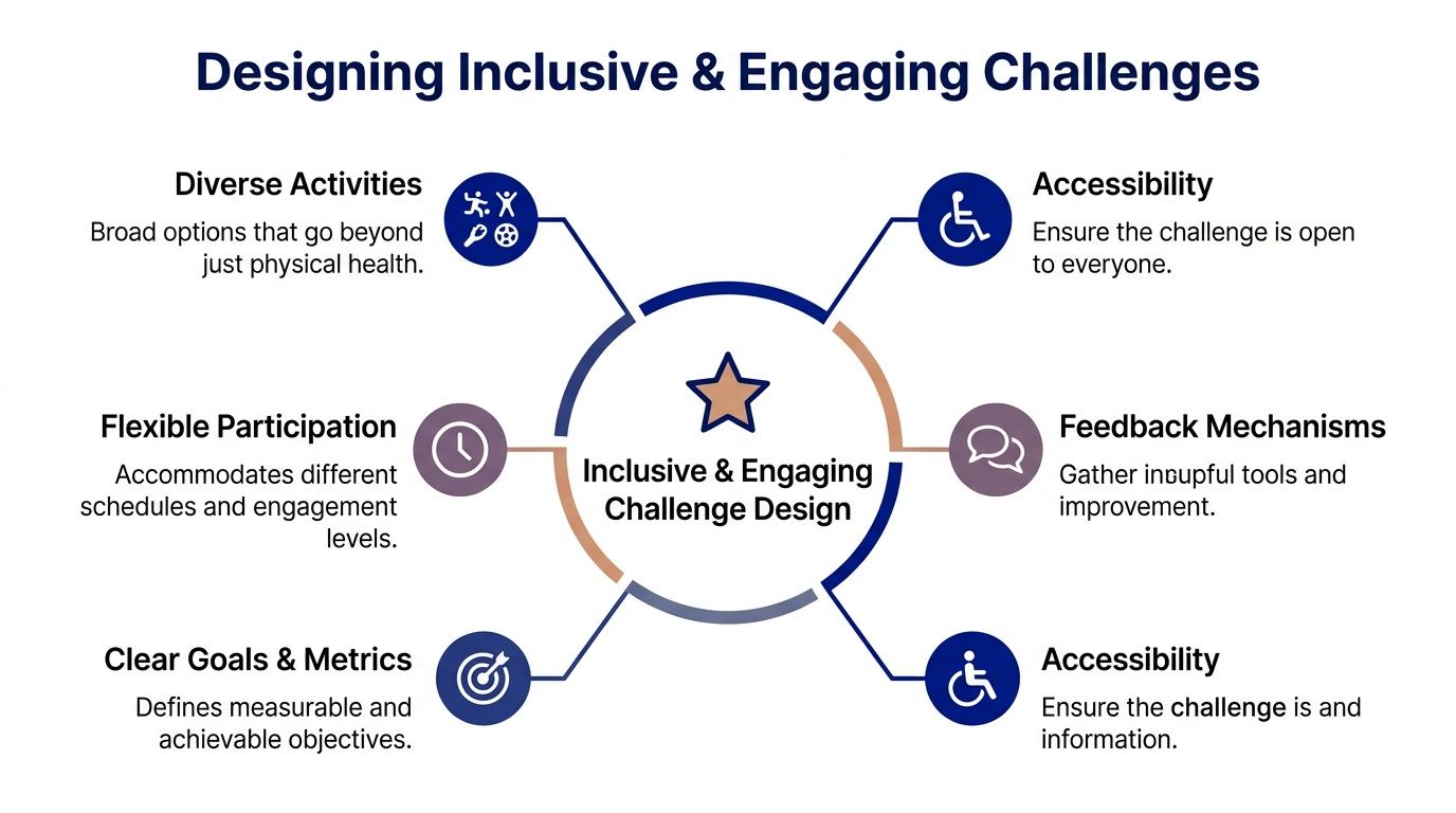 A diagram outlining the key principles for designing inclusive and engaging health and wellness challenges.