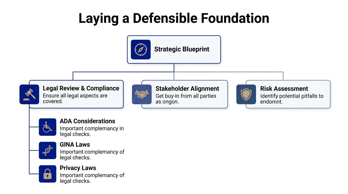 A diagram outlining the strategic blueprint for a defensible foundation, including legal, stakeholder, and risk components.