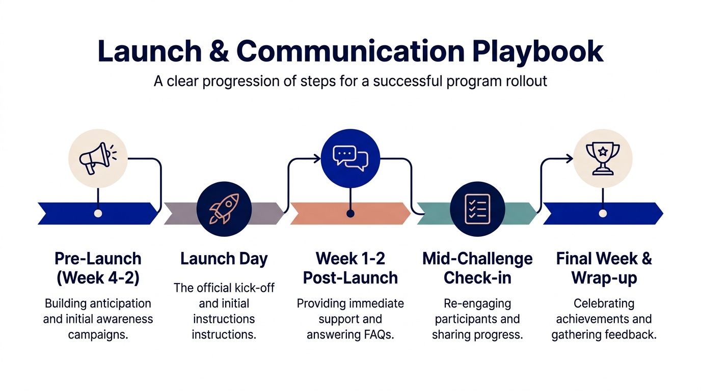 A five-step roadmap infographic for launching and communicating a health and wellness challenge program effectively.