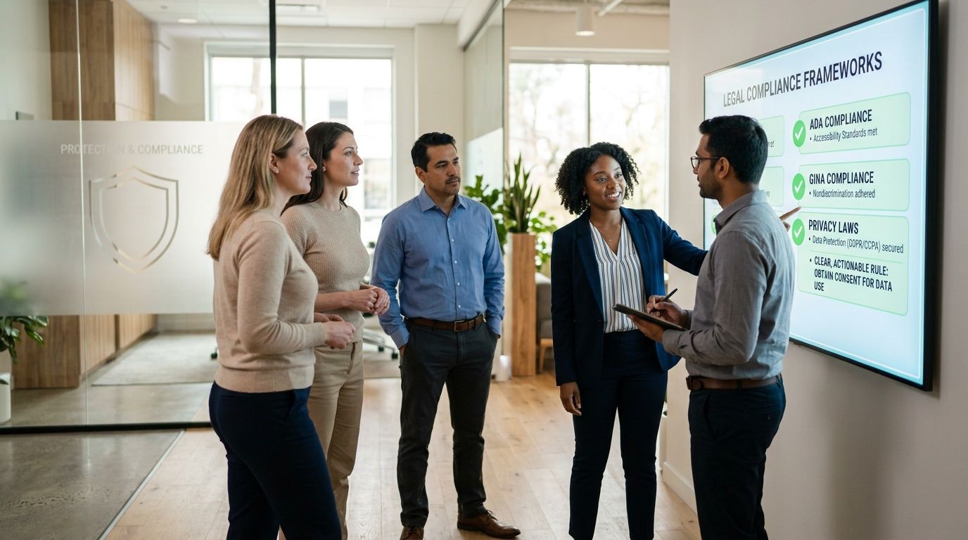 A diverse team of professionals meeting in an office to discuss legal compliance frameworks on a monitor.
