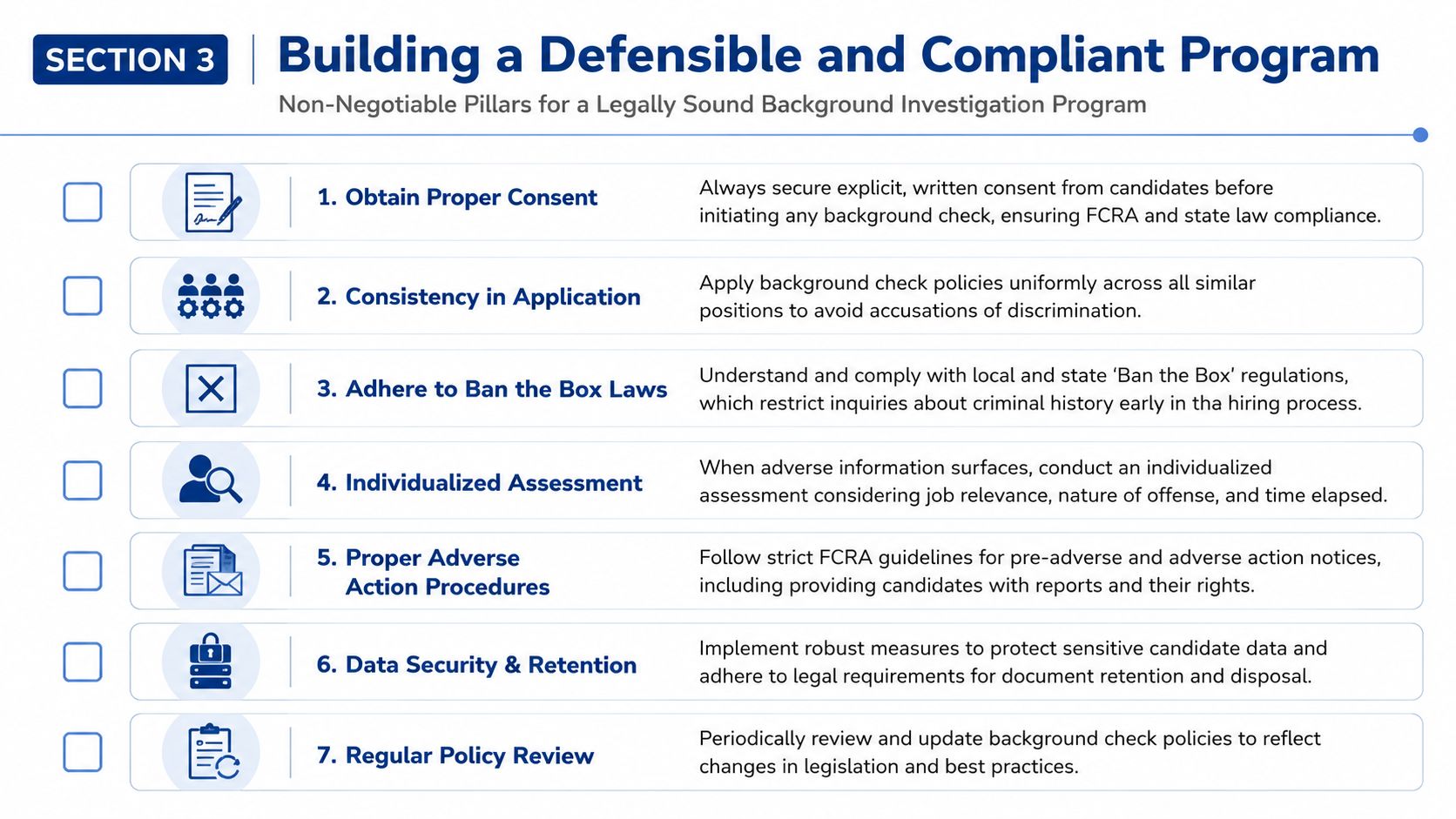A checklist of seven essential pillars for building a legally defensible and compliant background investigation program.