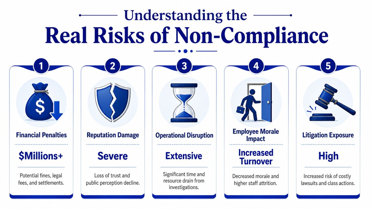An infographic titled Understanding the Real Risks of Non-Compliance, outlining five key business dangers including financial penalties and litigation.