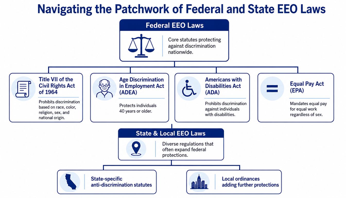 A diagram illustrating the hierarchy and components of federal and state Equal Employment Opportunity (EEO) laws.
