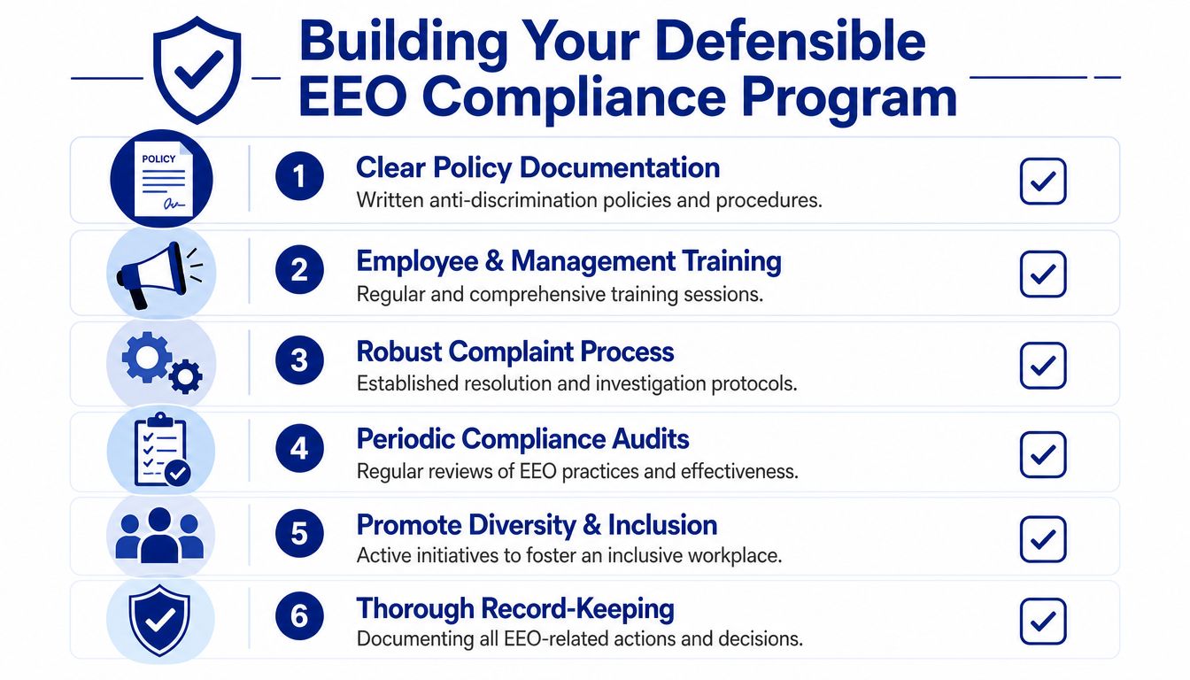 A six-step checklist for building a defensible equal employment opportunity compliance program for an inclusive workplace.