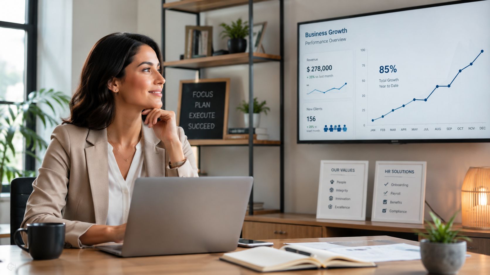 A professional woman sits at a desk with a laptop, looking toward a business growth chart on screen.
