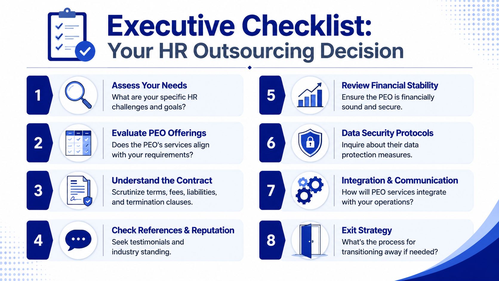 An eight-step executive checklist guide for small businesses to evaluate and select an HR outsourcing PEO provider.