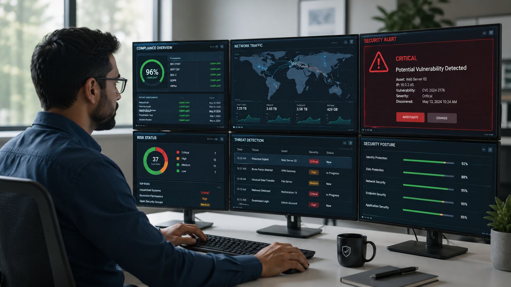 A male security analyst monitors a digital dashboard displaying network traffic, threat detection, and compliance metrics on multiple screens.