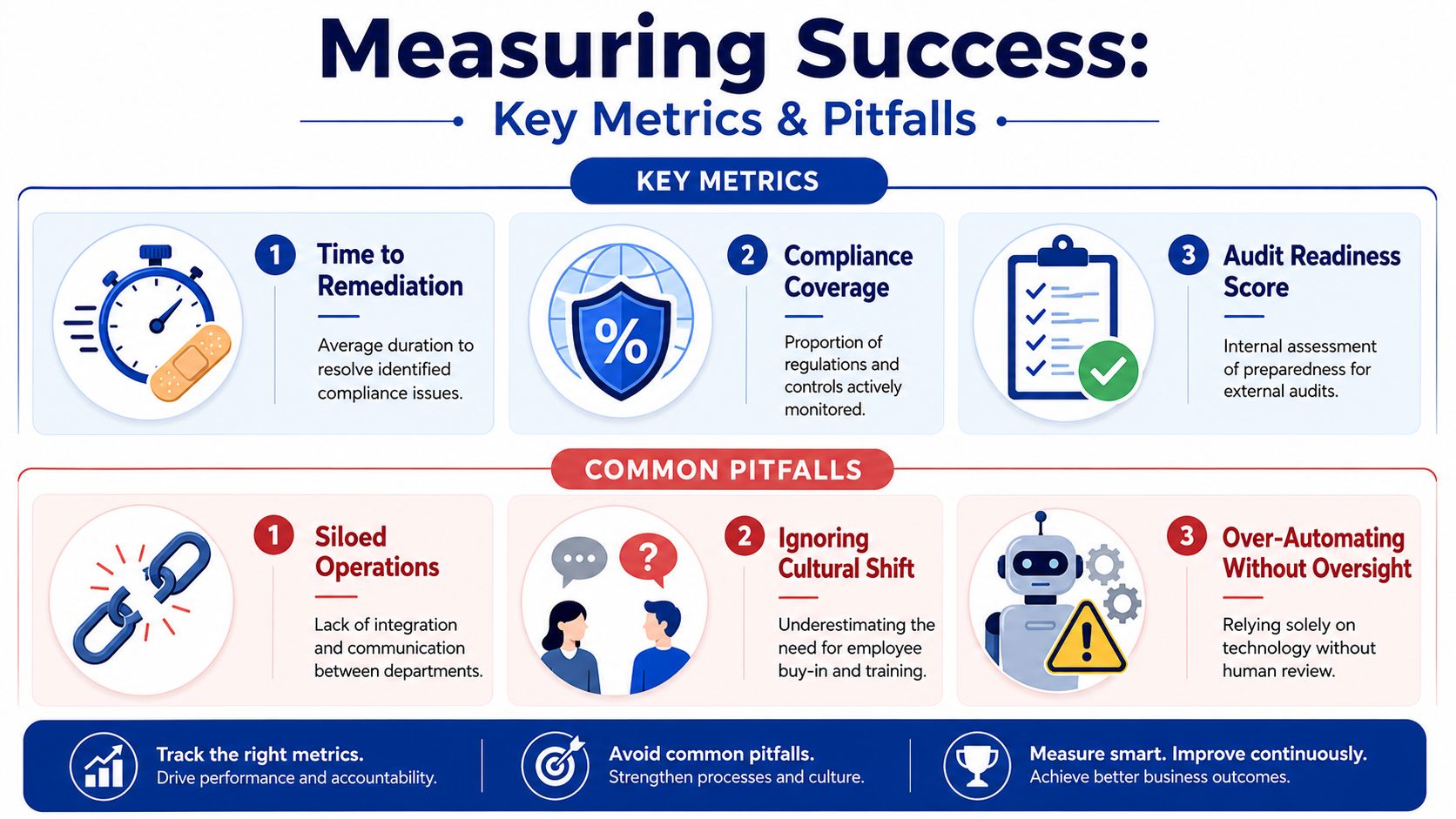 An infographic titled Measuring Success showing key metrics and common pitfalls for compliance and business operations.