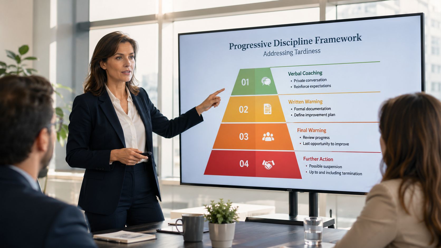 A professional woman presenting a progressive discipline framework for addressing tardiness to colleagues in a boardroom meeting.