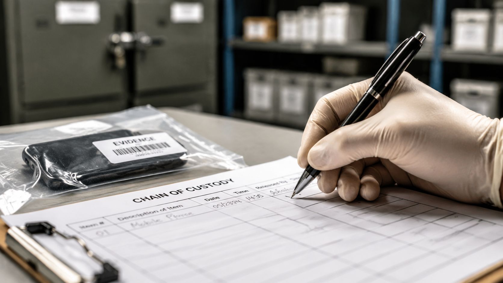 A person wearing latex gloves fills out a chain of custody form near a bagged mobile phone.