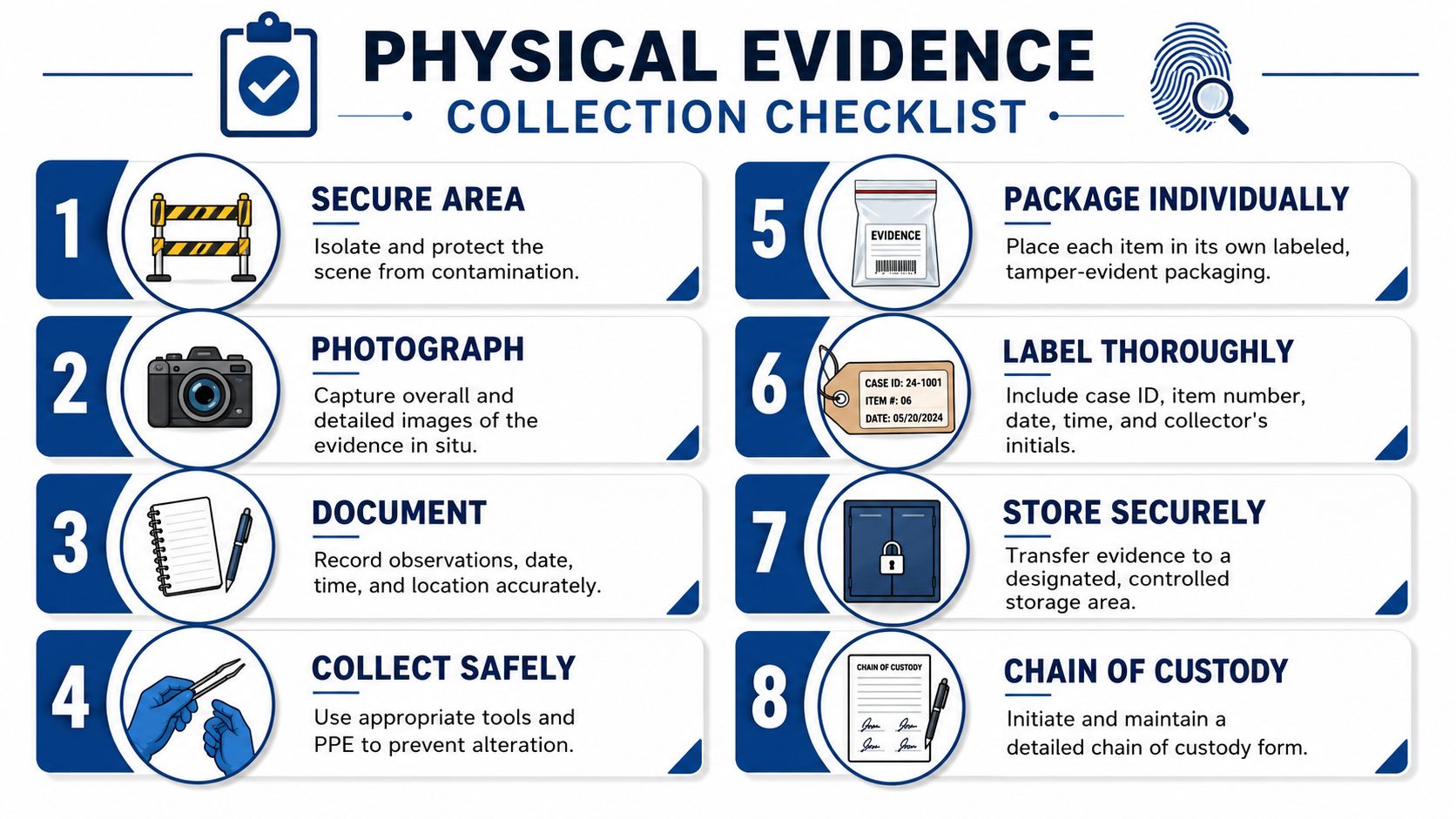 A professional infographic outlining eight essential steps for the proper collection and handling of physical evidence.