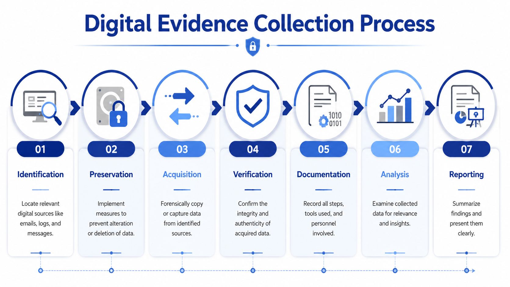 A flow chart illustrating the seven-step digital evidence collection process from identification to final reporting.