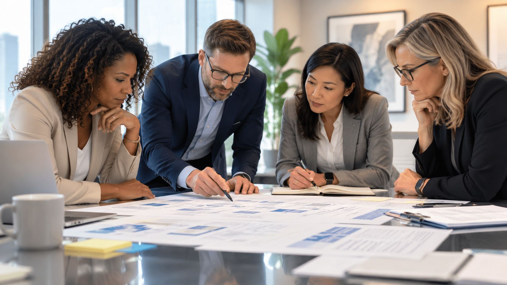 A professional team of business colleagues collaborating around a table while analyzing project documents and floor plans.
