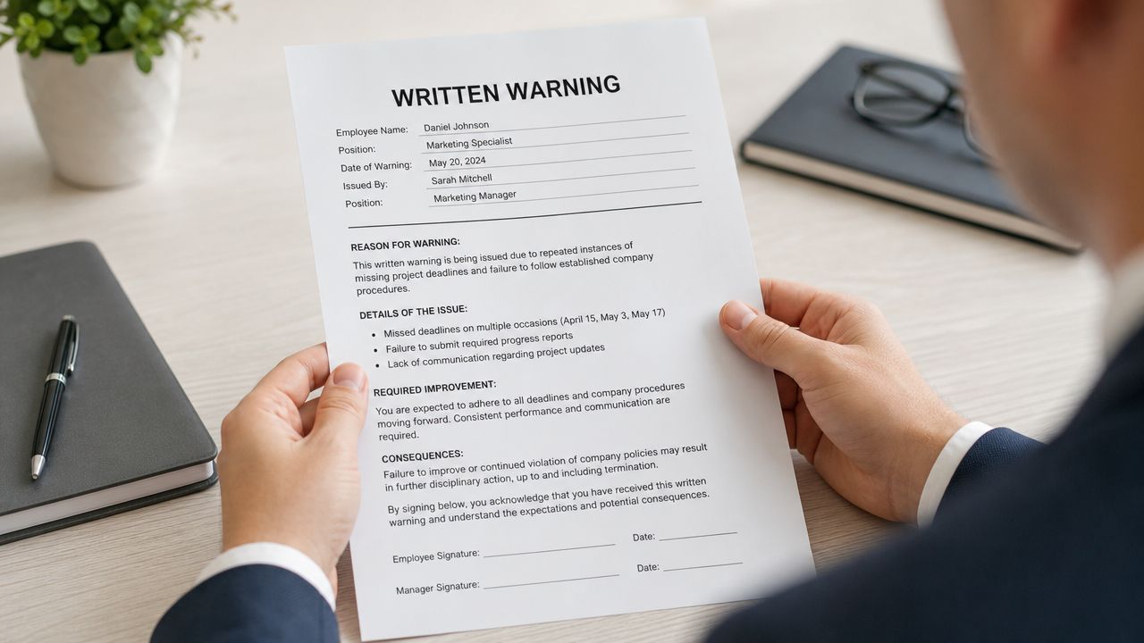 A professional man in a suit holds a written warning document detailing performance issues at an office desk.