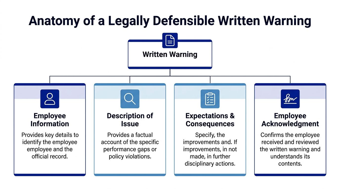 An infographic showing the four essential components of a legally defensible written warning for employees.