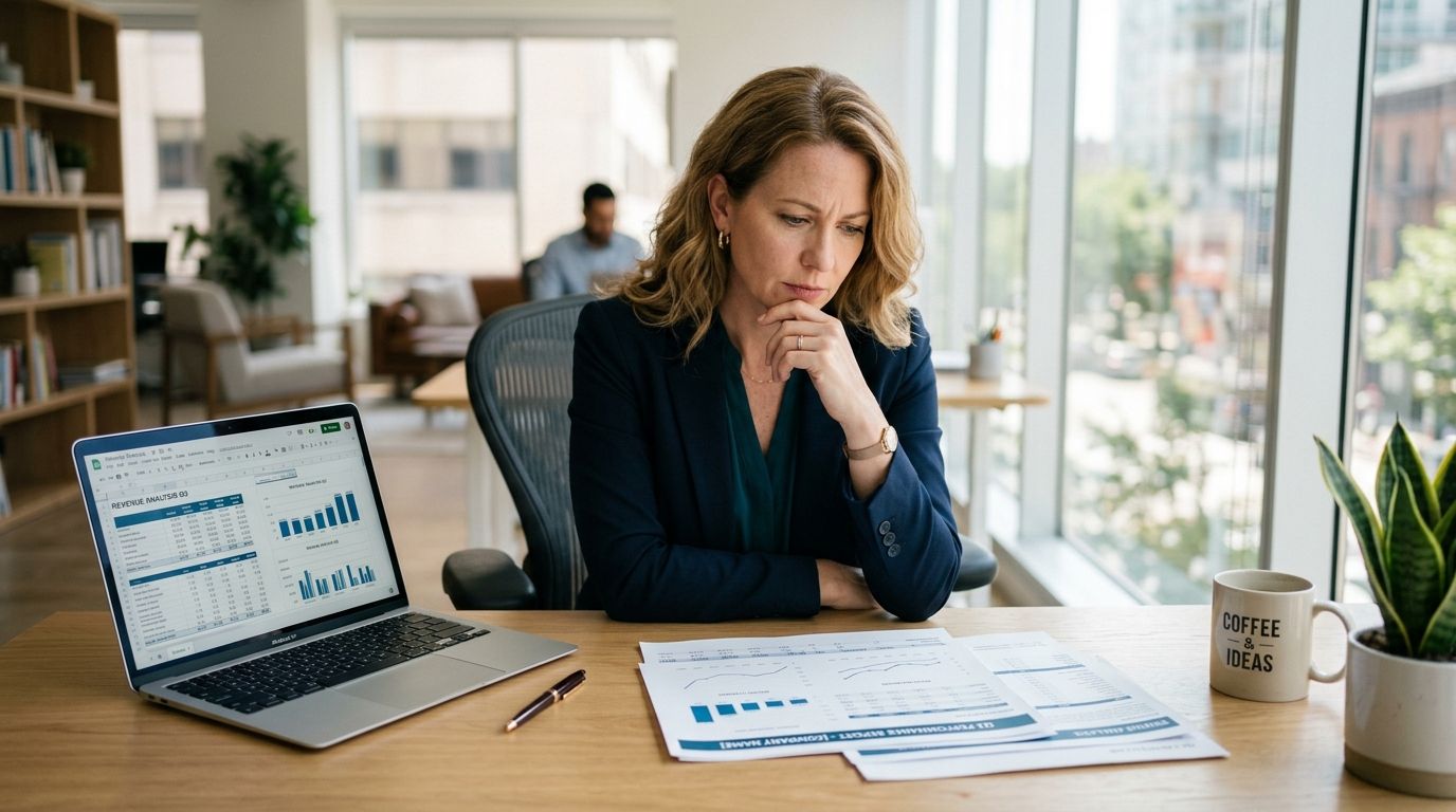 A professional woman in a dark blazer reviews financial charts at a bright modern office desk.