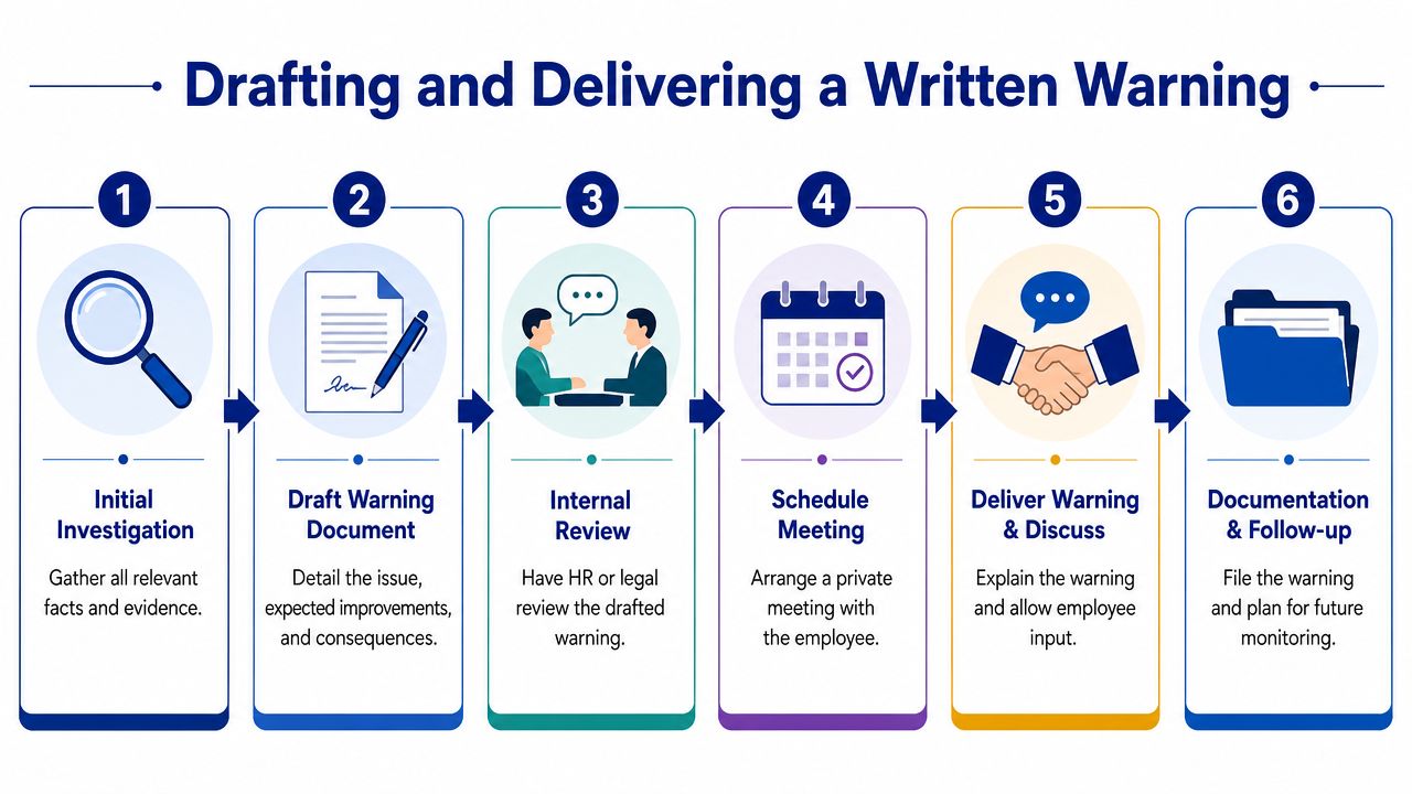A six-step flowchart illustrating the professional process for drafting and delivering an employee written warning.