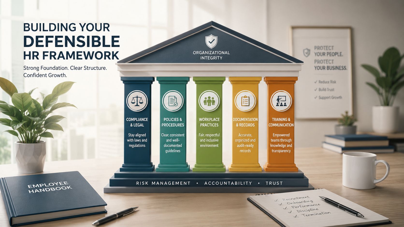 A visual model of a defensible HR framework built on pillars of compliance, policies, and workplace integrity.