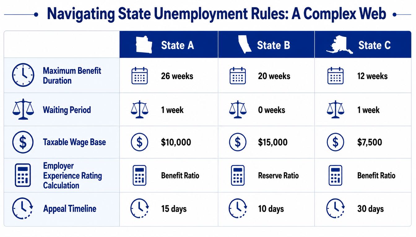 A comparison chart showing unemployment insurance benefit rules and regulations across three different states.