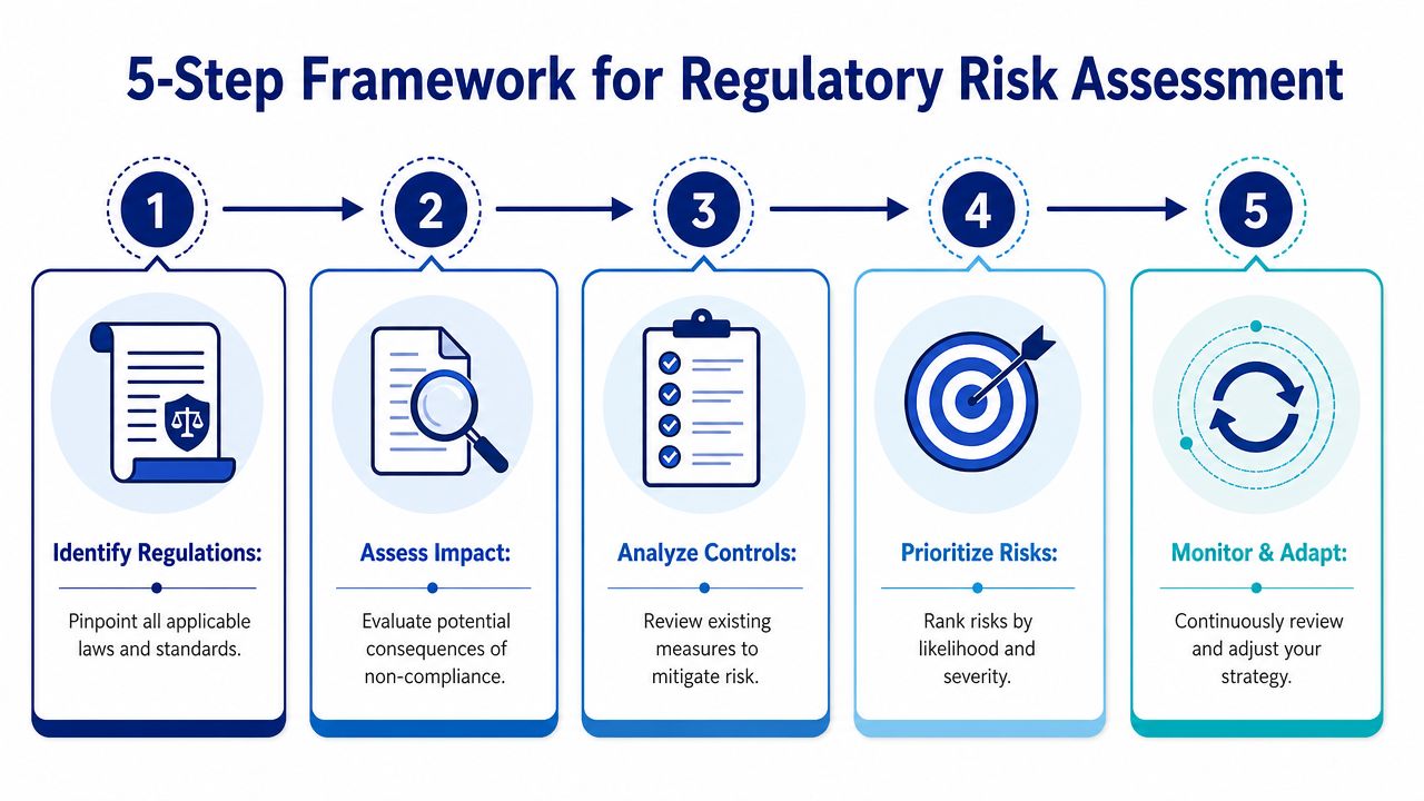 A five-step framework infographic illustrating the regulatory risk assessment process for business compliance management.